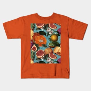 tropical pineapple and oranges botanical illustration, floral tropical fruits, turquoise green  fruit pattern Kids T-Shirt